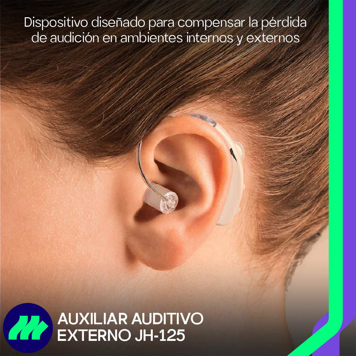 Auxiliar auditivo con rango de frecuencia 950-3500 Hz y control de volumen ajustable.