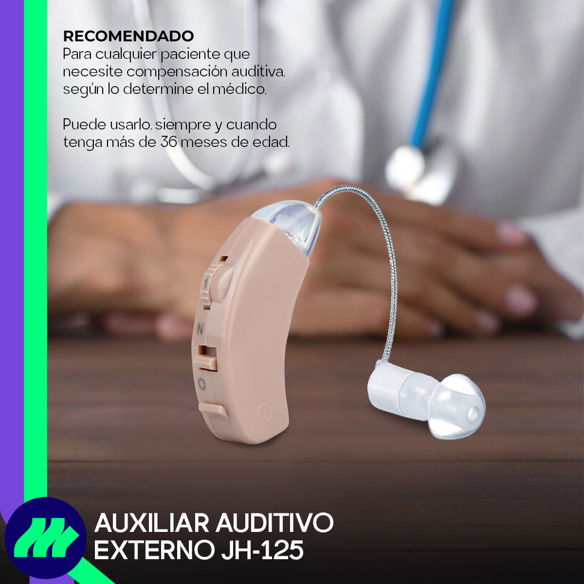 Dispositivo auditivo con estuche portátil y accesorios incluidos para fácil transporte.