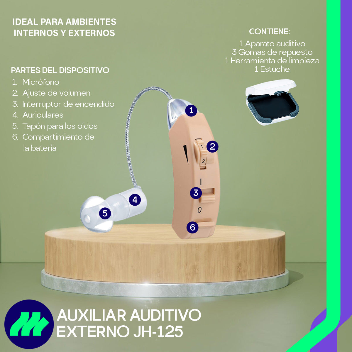 Amplificador de sonido confiable para ambientes internos y externos, con batería incluida.