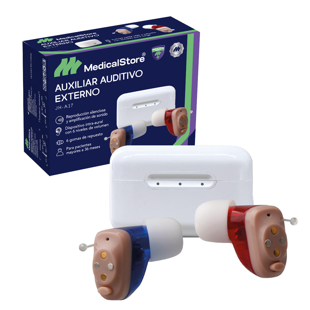 Audífono amplificador recargable con control de 6 niveles de volumen para uso interior y exterior.