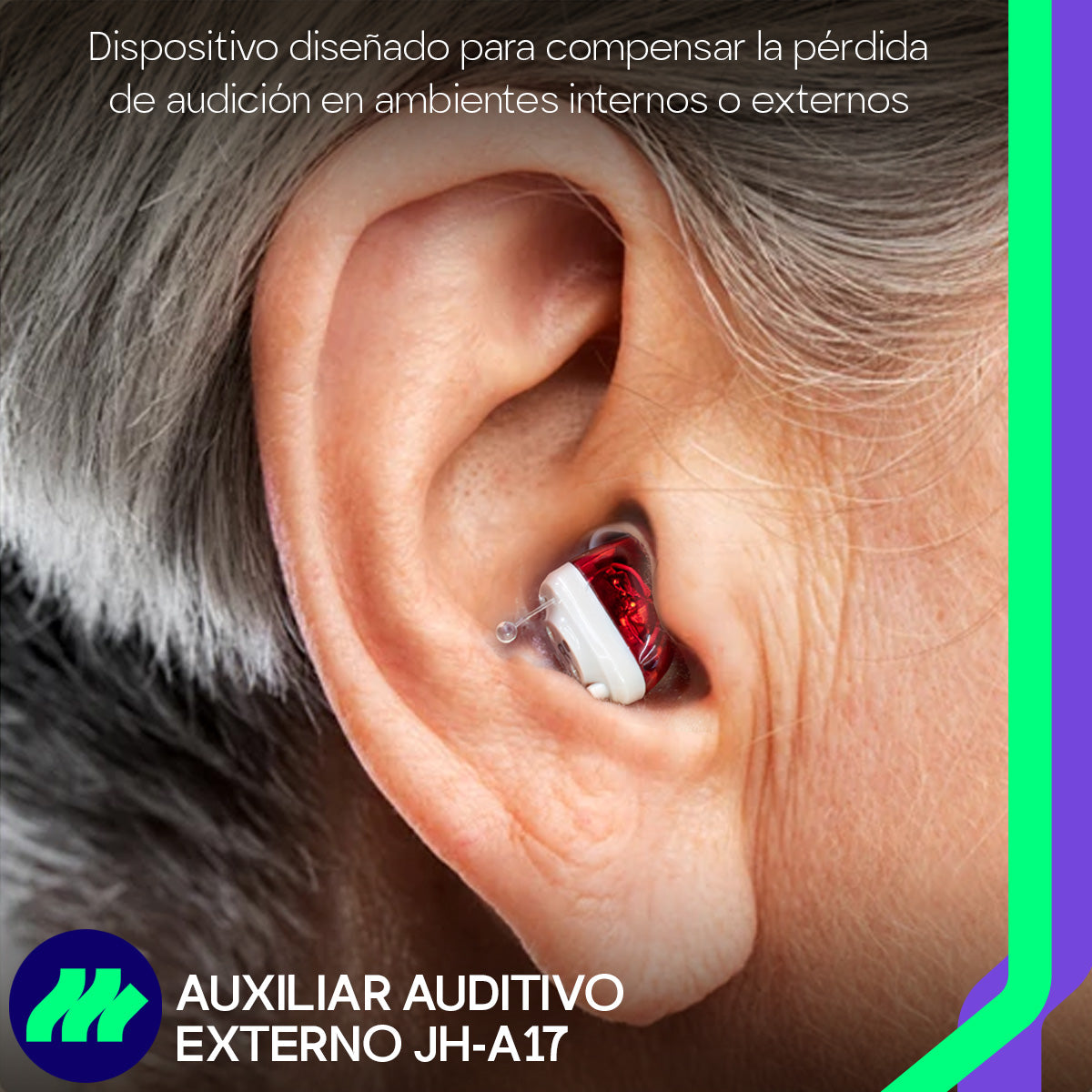 Detalle del estuche de carga USB para audífono auxiliar, portátil y cómodo para transportar.