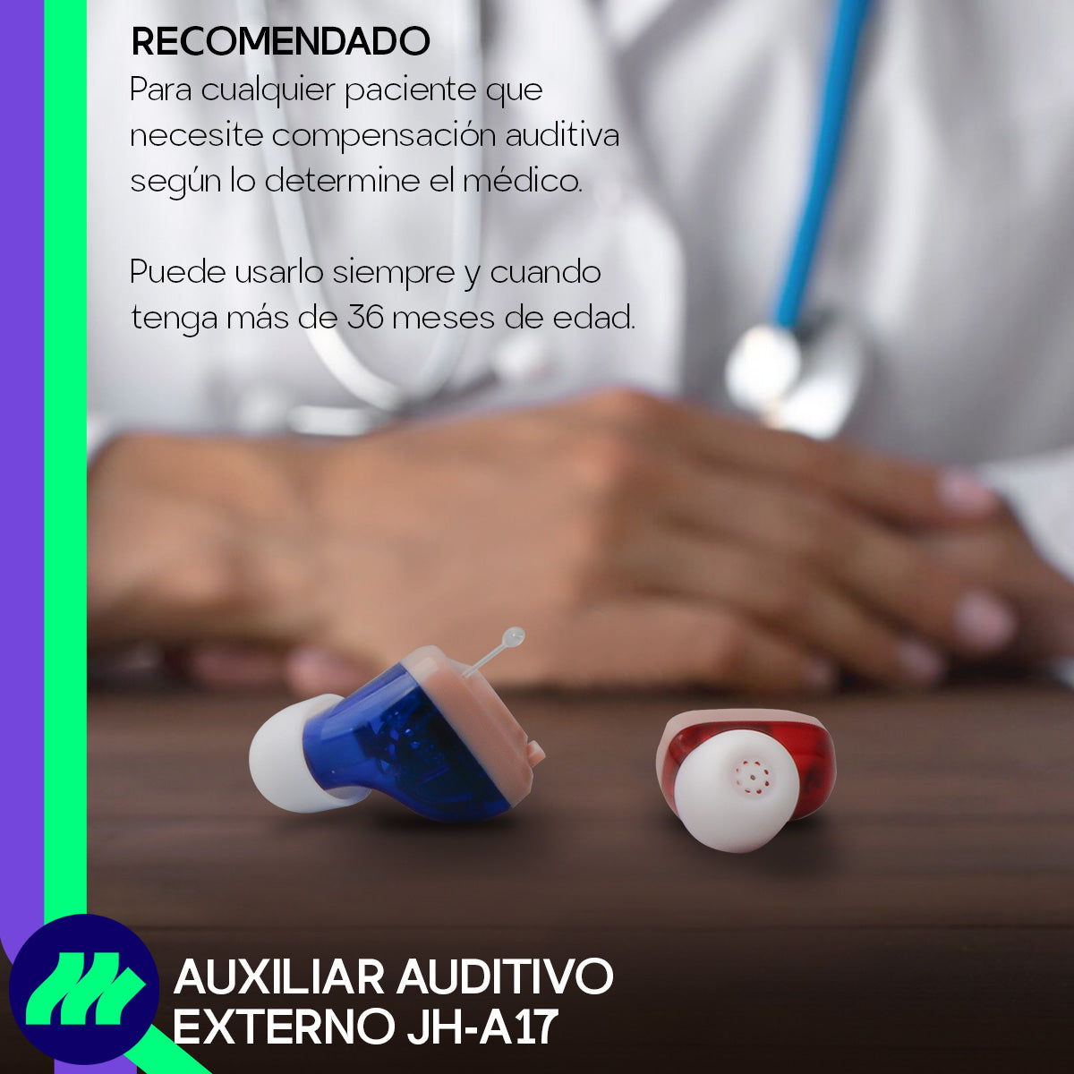 Gomas de repuesto incluidas para ajuste personalizado del audífono amplificador.