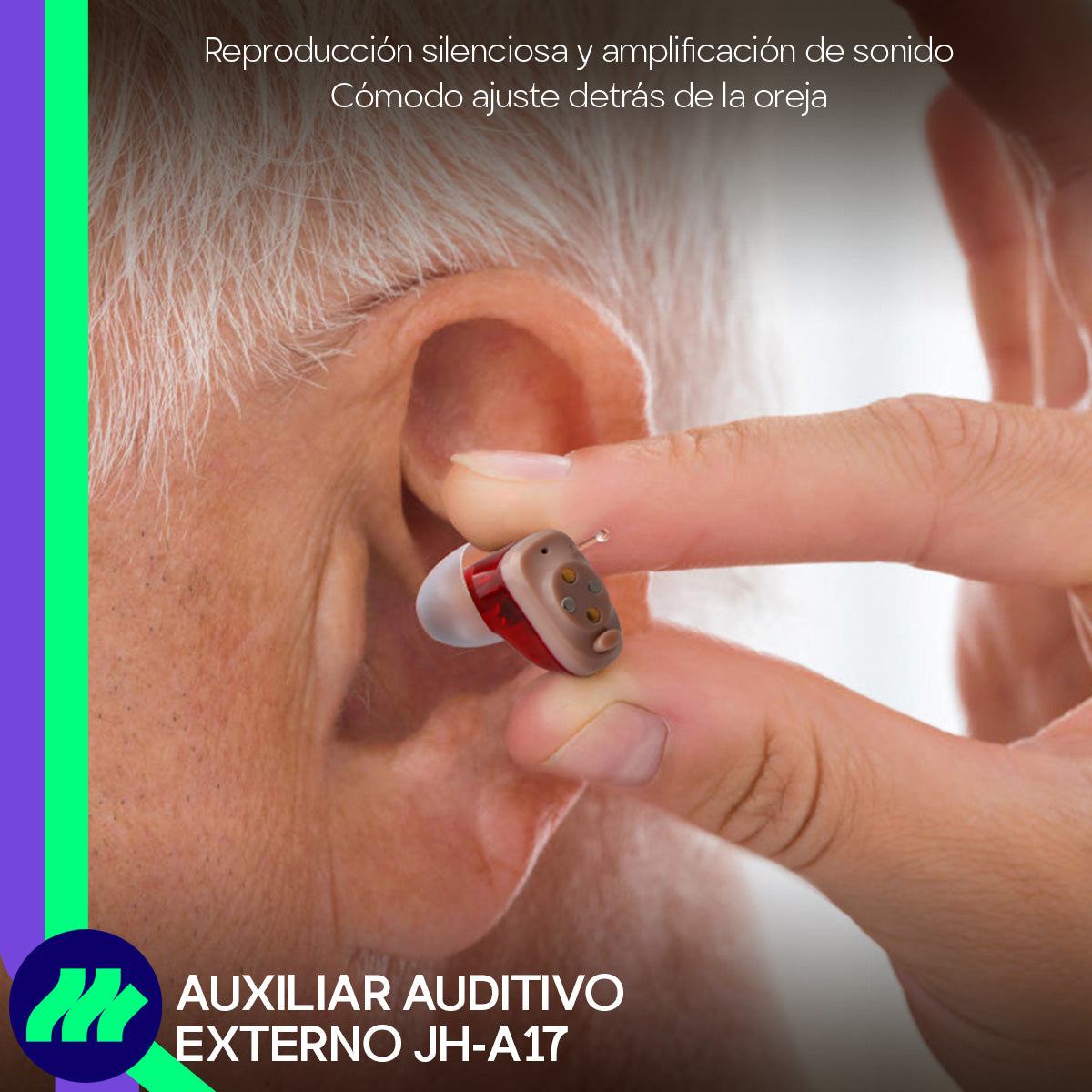 Audífono auxiliar recargable listo para uso con batería recargable de larga duración.