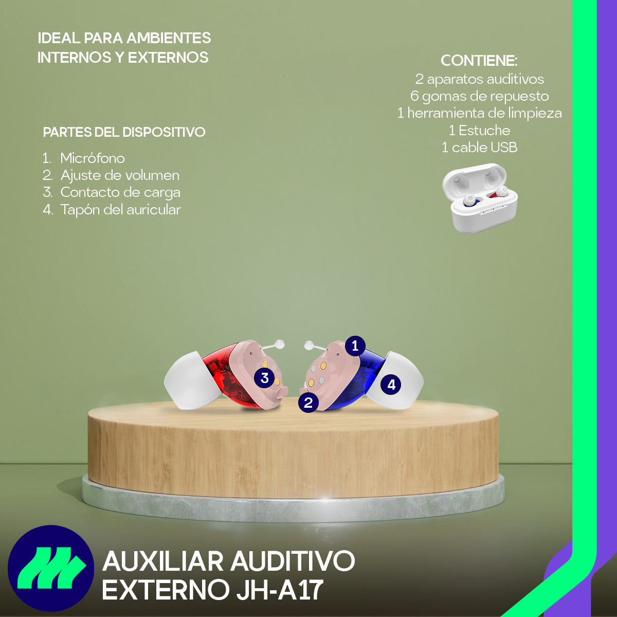 Audífono auxiliar recargable listo para uso perilla de volumen y rango de frecuencia 250-5000 Hz.