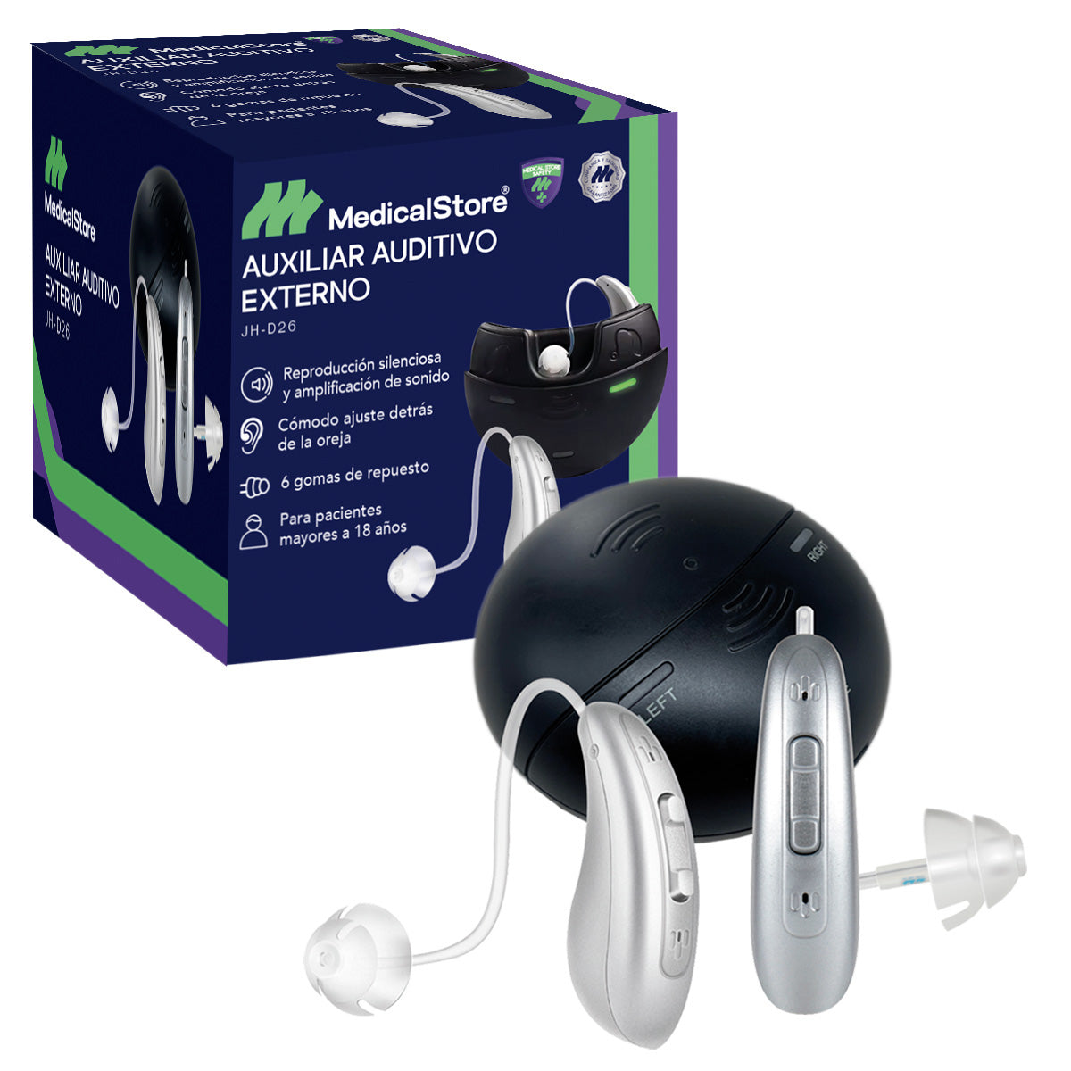 Audífono amplificador recargable negro – Auxiliar auditivo para sordera con estuche USB, rango de frecuencia 250-5000 Hz, ideal para uso interno y externo.