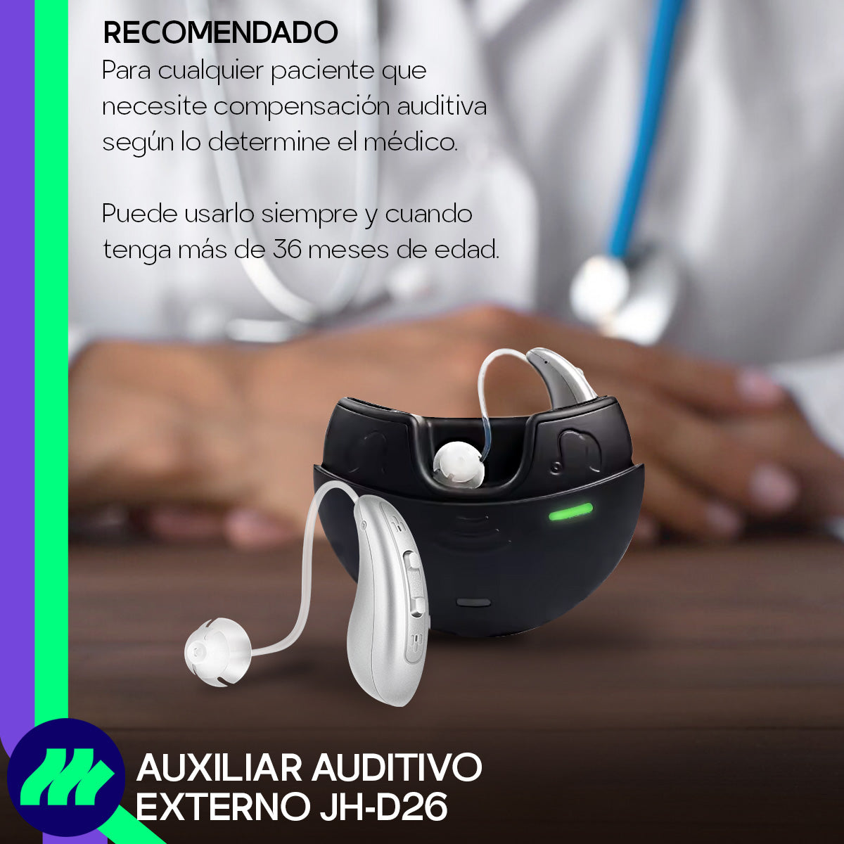 Vista lateral del audífono – Auxiliar auditivo ergonómico detrás de la oreja con control de volumen, amplificación silenciosa y ajuste cómodo.