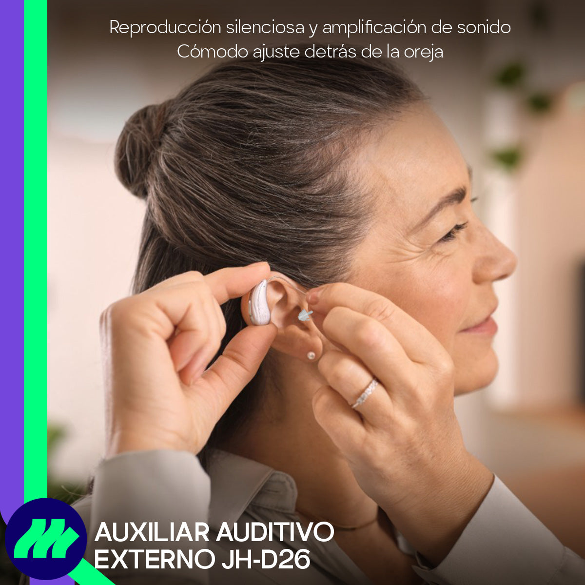 Audífono en uso – Dispositivo auditivo recargable para adultos que necesitan compensación de pérdida auditiva en interiores y exteriores.