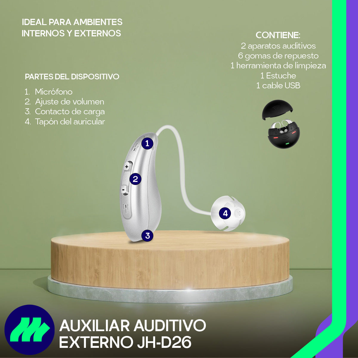 Audífono con indicador de carga – Amplificador auditivo con estuche USB y luces indicadoras de carga para un manejo sencillo y seguro.