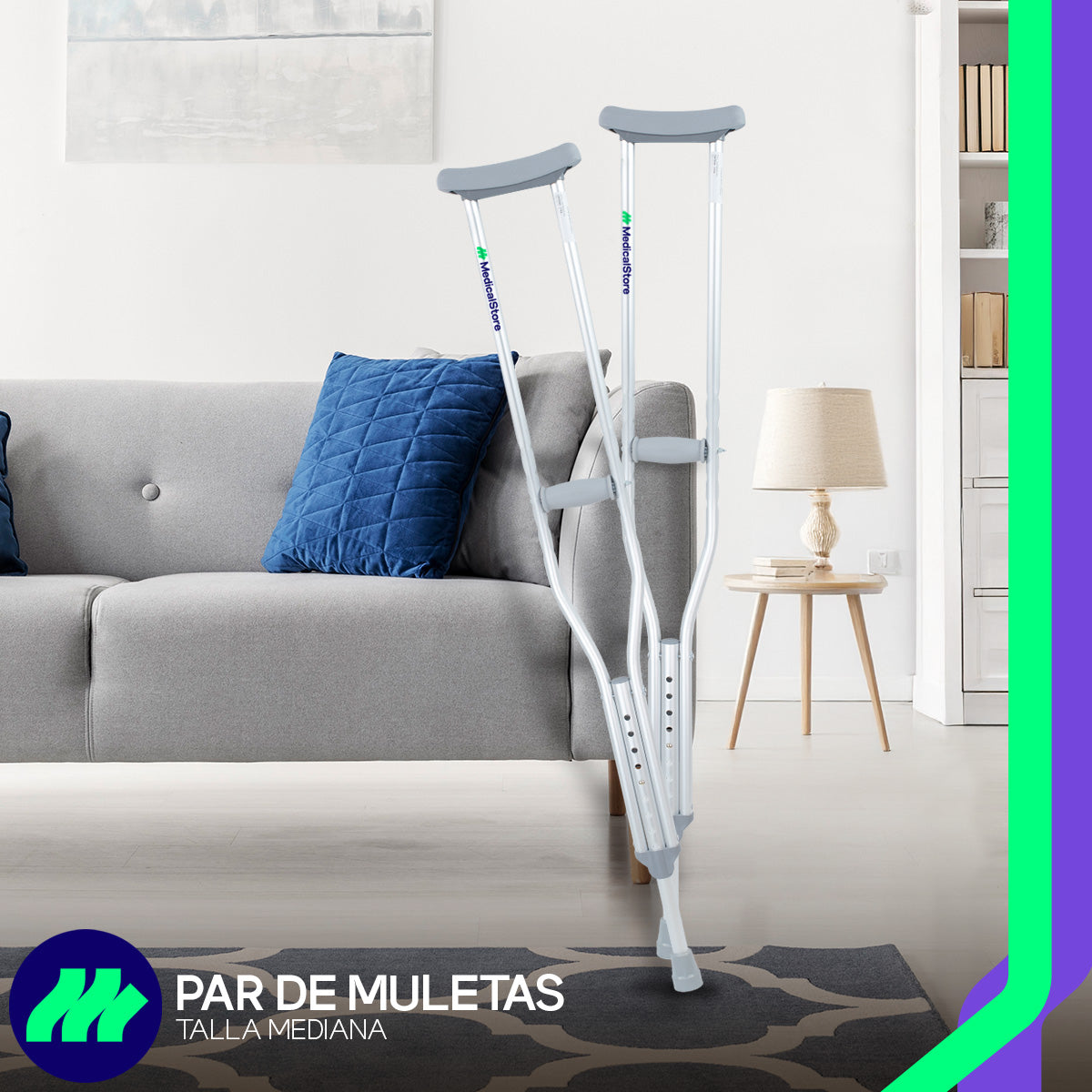 Muletas Axilares Ajustables de Aluminio con axileras y puños acolchados