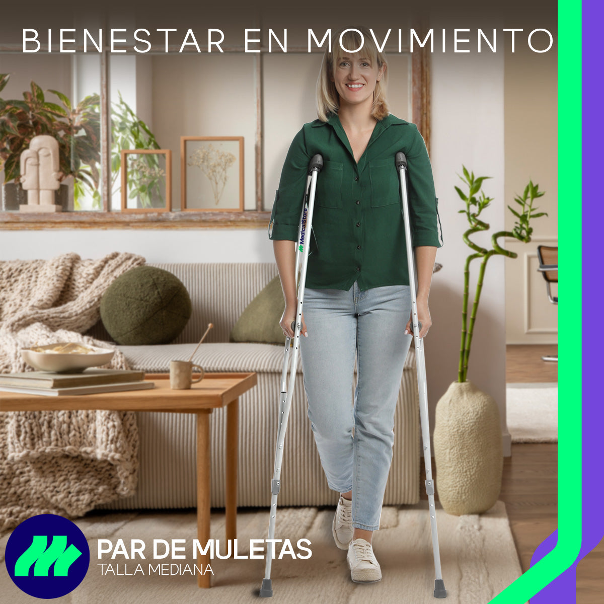 Muletas Axilares Ajustables de Aluminio – Ajustables a 9 niveles de altura