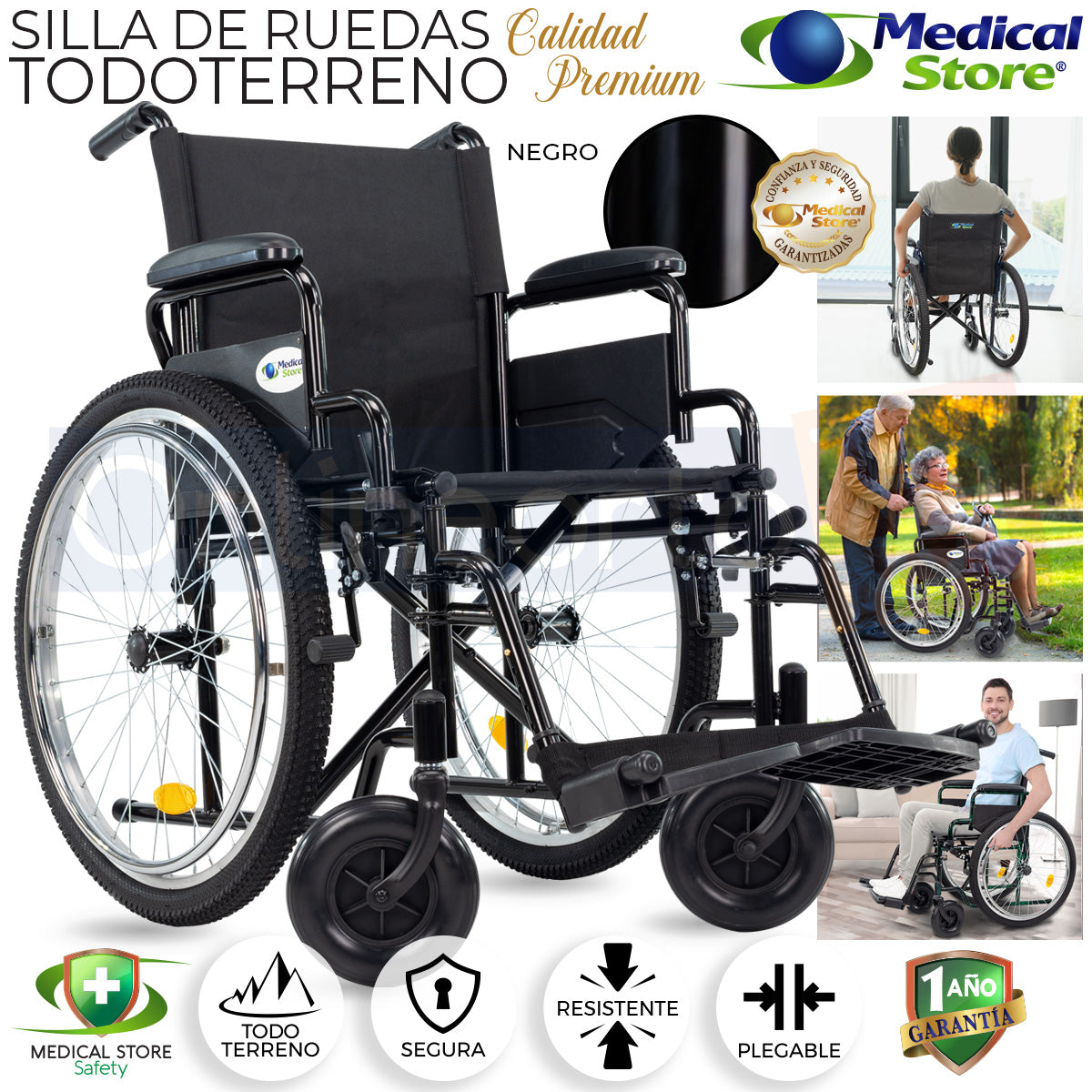 Silla de ruedas manual plegable con respaldo ergonómico y bolso trasero porta objetos, para mayor comodidad y almacenamiento.