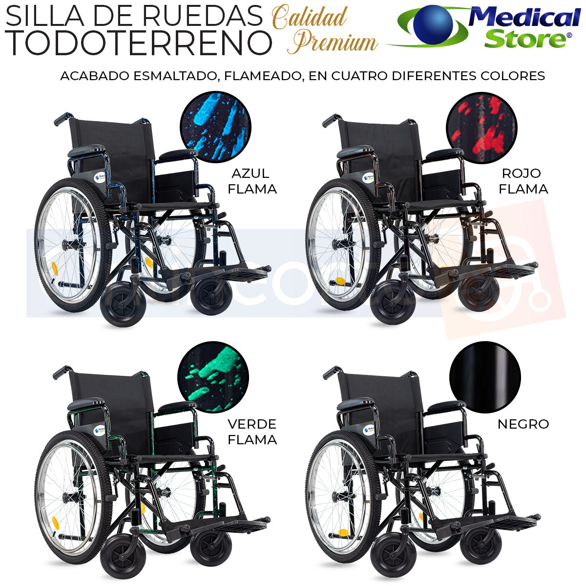 Silla de ruedas manual plegable con ruedas delanteras giratorias de 8 pulgadas, brindando maniobrabilidad en espacios reducidos.