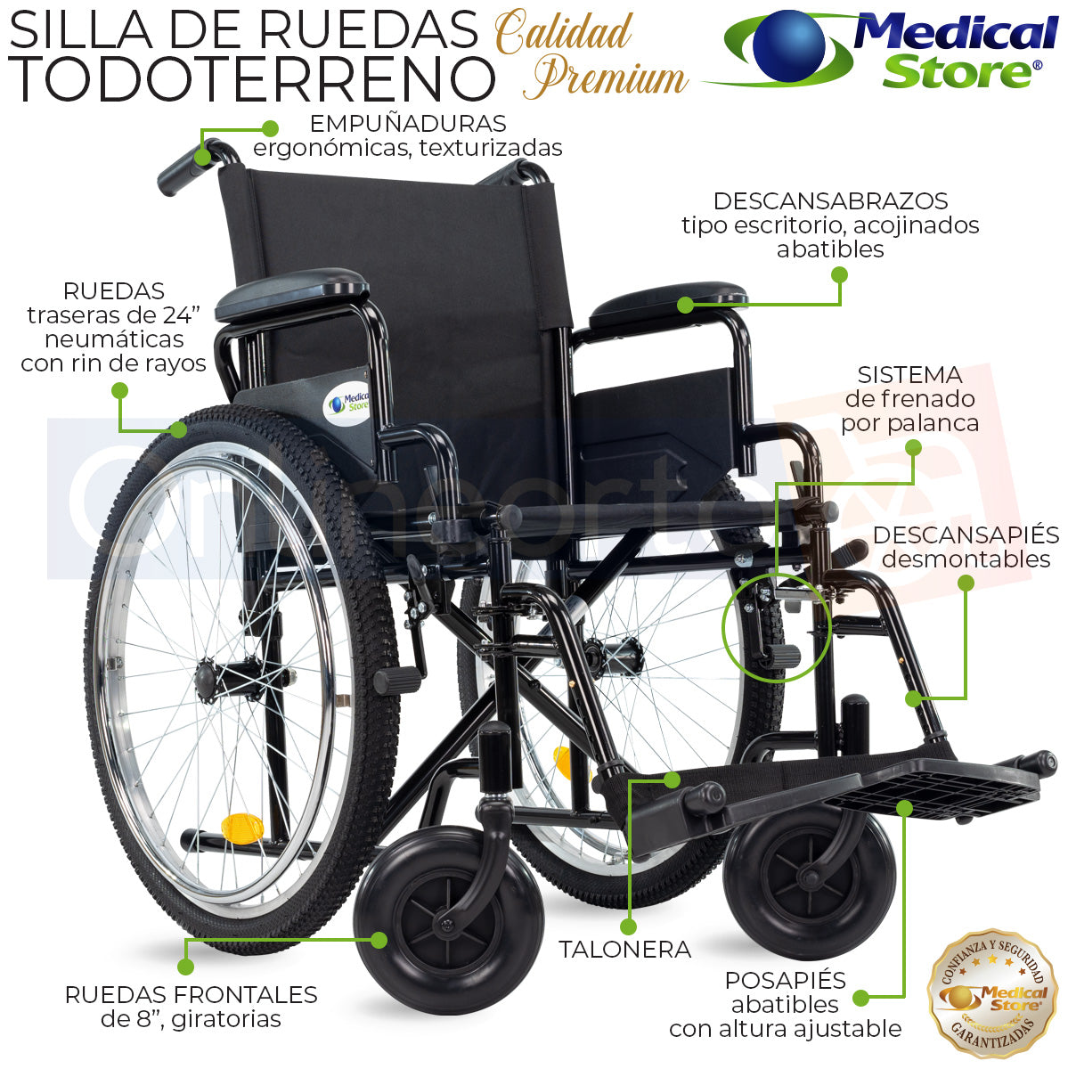 Silla de ruedas manual plegable con posapiés abatibles y ajustables en altura, adaptándose a la medida y comodidad del usuario.