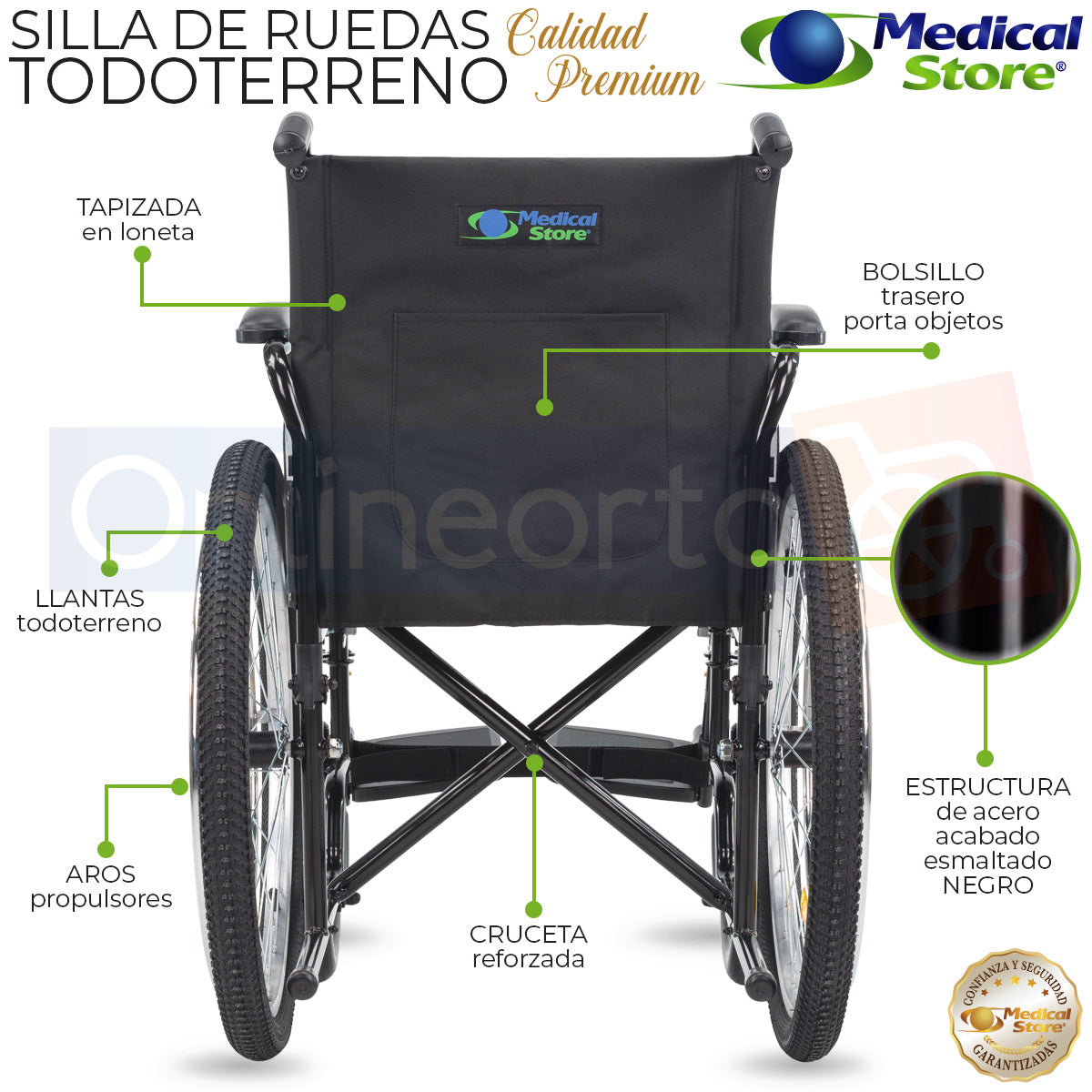 Silla de ruedas manual plegable con sistema de frenado por palanca, garantizando seguridad durante su uso en cualquier superficie.