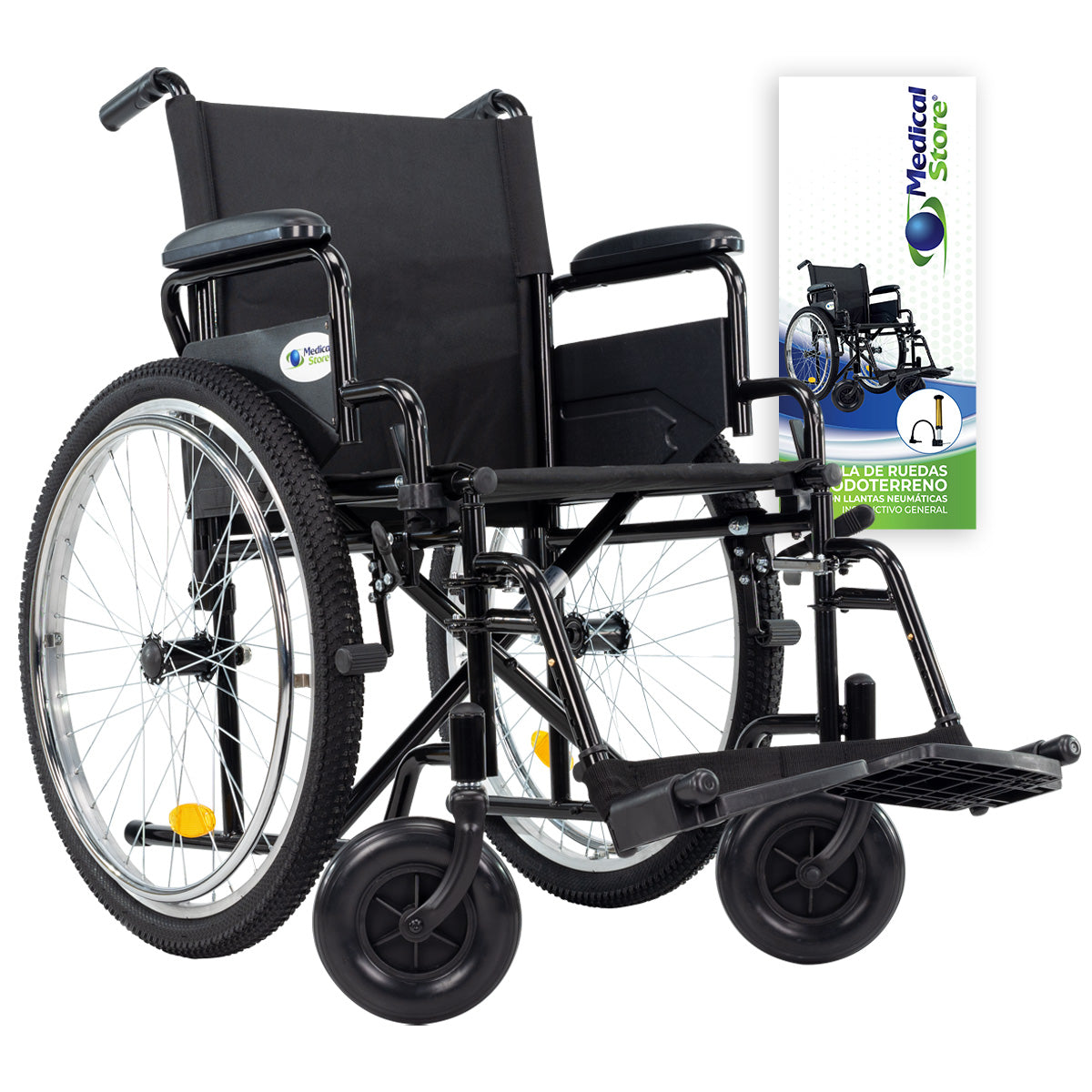 Silla de ruedas manual plegable con estructura de acero resistente y asiento tapizado en loneta negra, ideal para movilidad segura en interiores y exteriores.