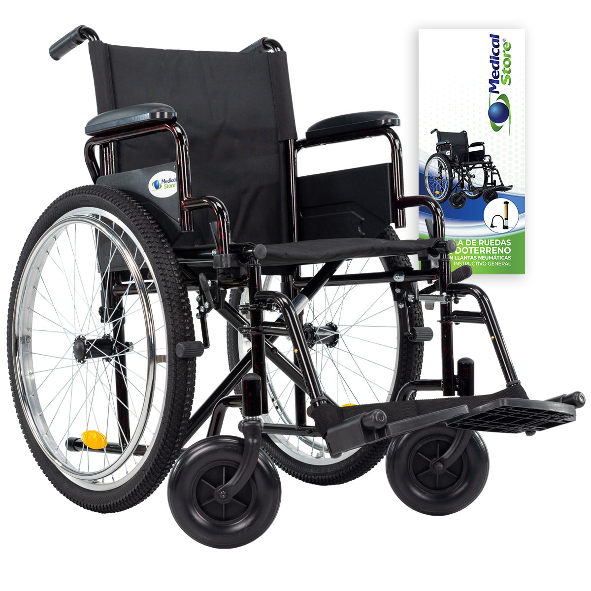 Silla de ruedas manual plegable con aros propulsores metálicos que facilitan el movimiento independiente del usuario sin necesidad de asistencia.