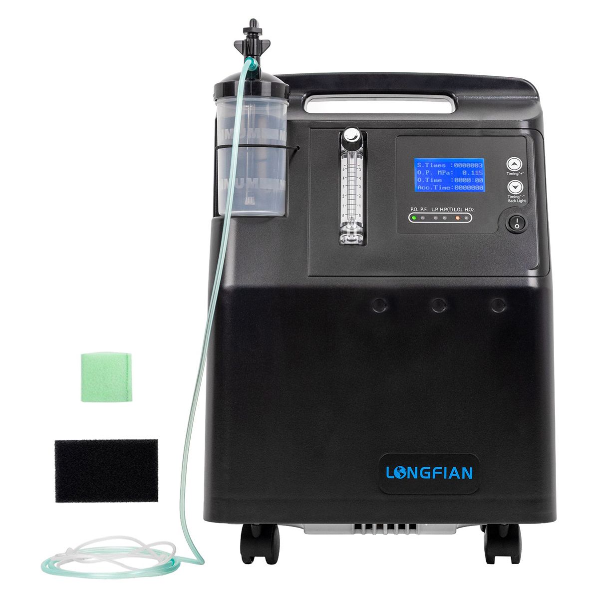Concentrador de Oxígeno Longfian Negro 5L Estacionario con Nebulizador y Alarmas para Adultos y Niños Uso Clínico