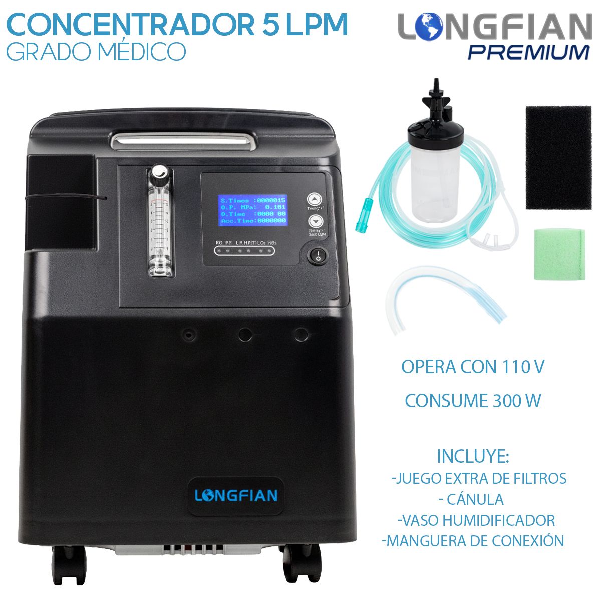 Concentrador de Oxígeno Longfian Negro 5L Estacionario con Nebulizador y Alarmas para Adultos y Niños Uso Clínico