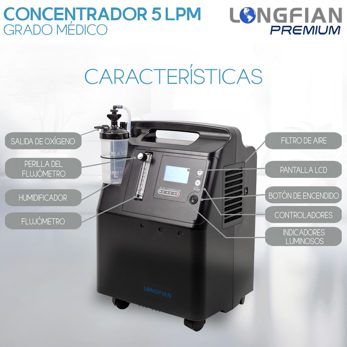 Concentrador de Oxígeno Longfian Negro 5L Estacionario con Nebulizador y Alarmas para Adultos y Niños Uso Clínico