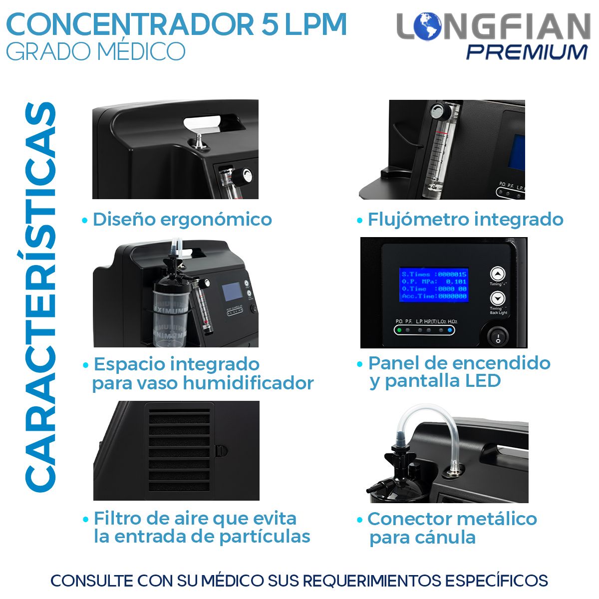 Concentrador de Oxígeno Longfian Negro 5L Estacionario con Nebulizador y Alarmas para Adultos y Niños Uso Clínico