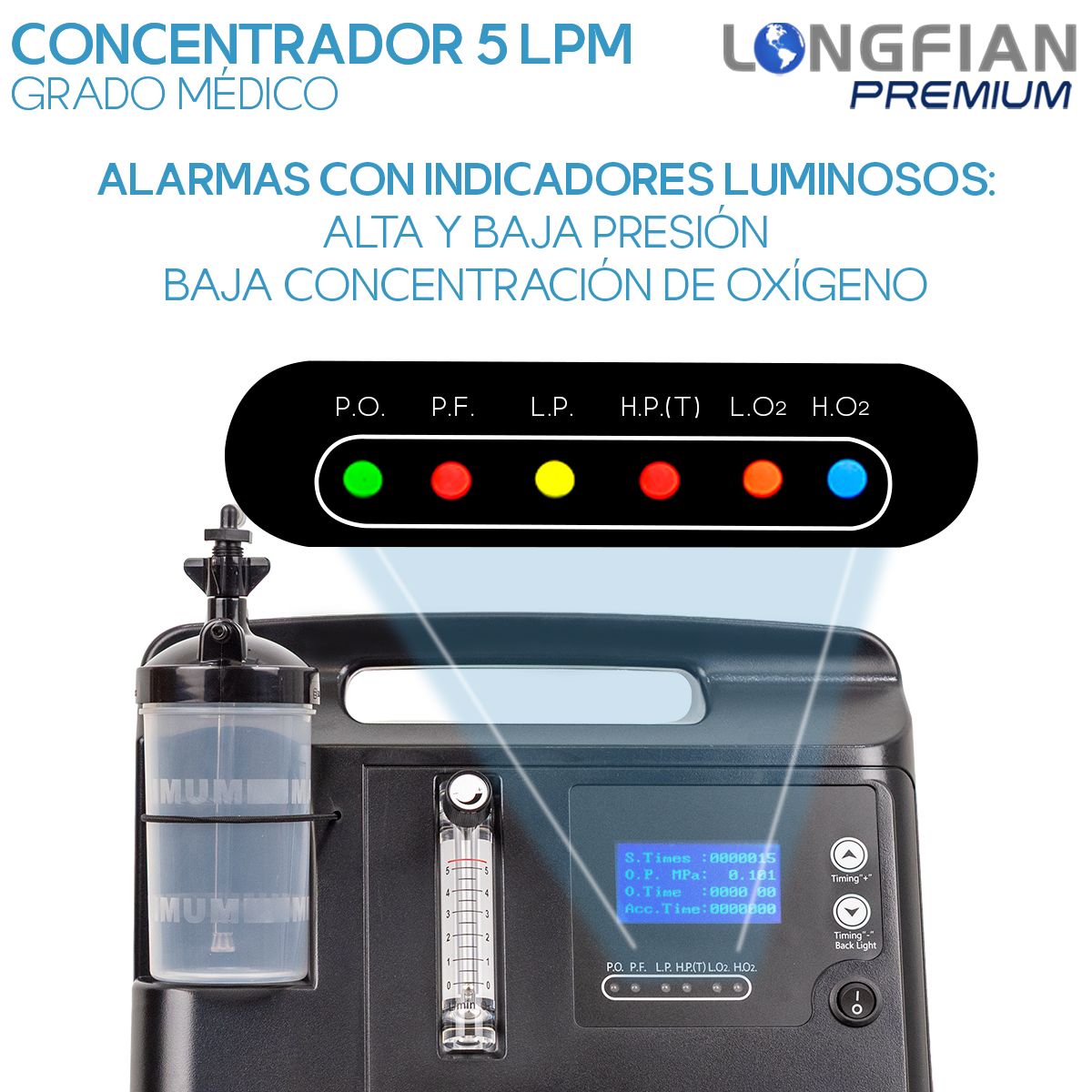 Concentrador de Oxígeno Longfian Negro 5L Estacionario con Nebulizador y Alarmas para Adultos y Niños Uso Clínico