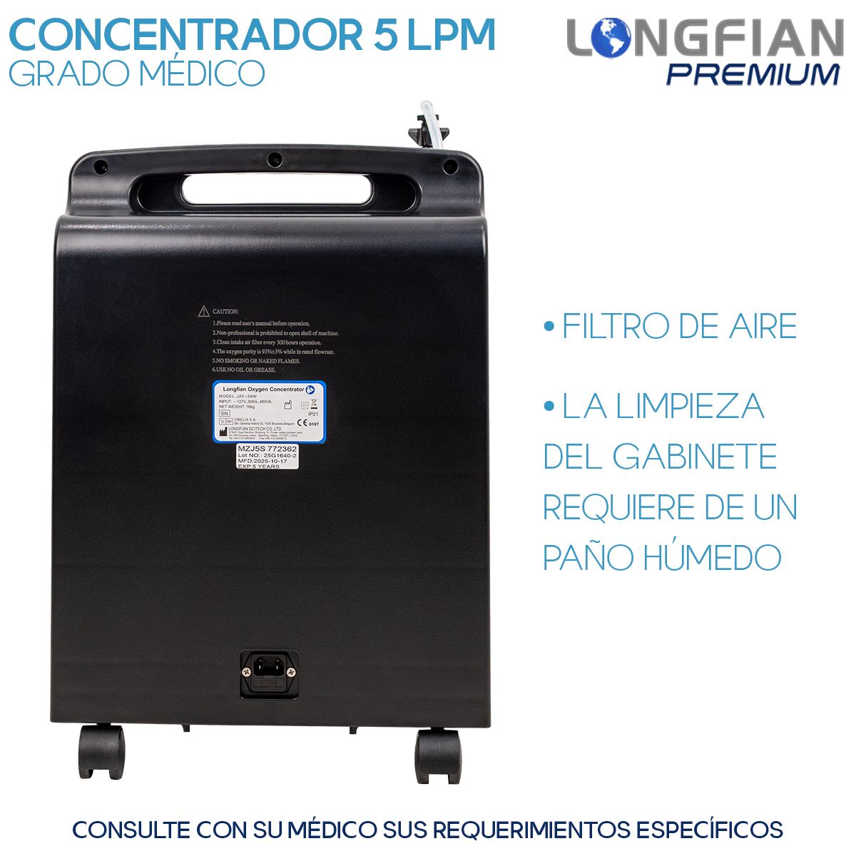 Concentrador de Oxígeno Longfian Negro 5L Estacionario con Nebulizador y Alarmas para Adultos y Niños Uso Clínico
