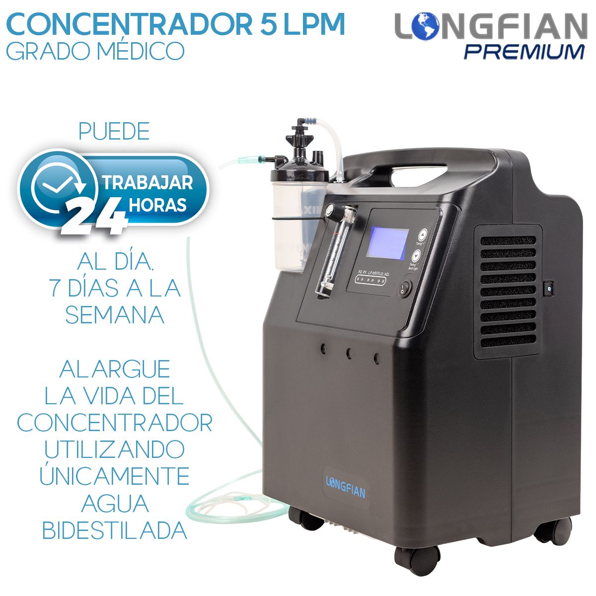 Concentrador de Oxígeno Longfian Negro 5L Estacionario con Nebulizador y Alarmas para Adultos y Niños Uso Clínico