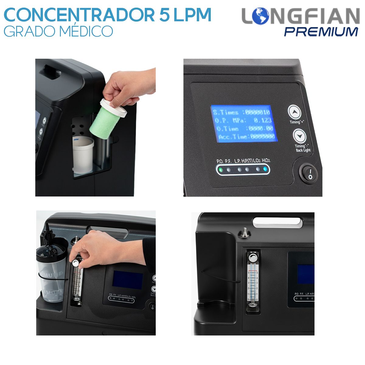 Concentrador de Oxígeno Longfian Negro 5L Estacionario con Nebulizador y Alarmas para Adultos y Niños Uso Clínico