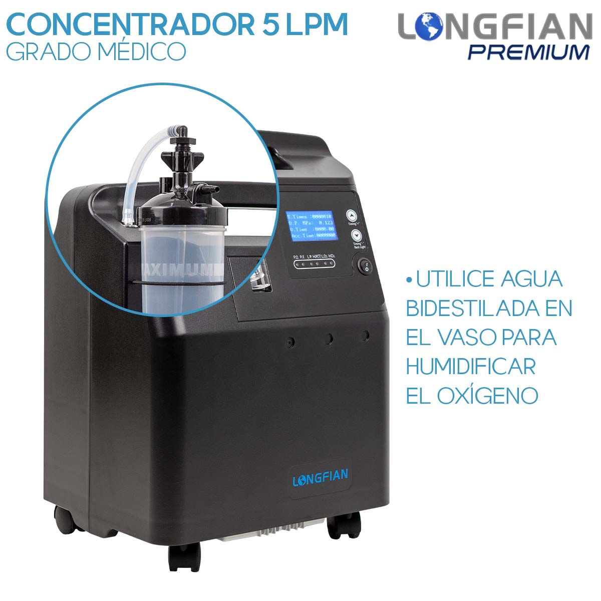 Concentrador de Oxígeno Longfian Negro 5L Estacionario con Nebulizador y Alarmas para Adultos y Niños Uso Clínico
