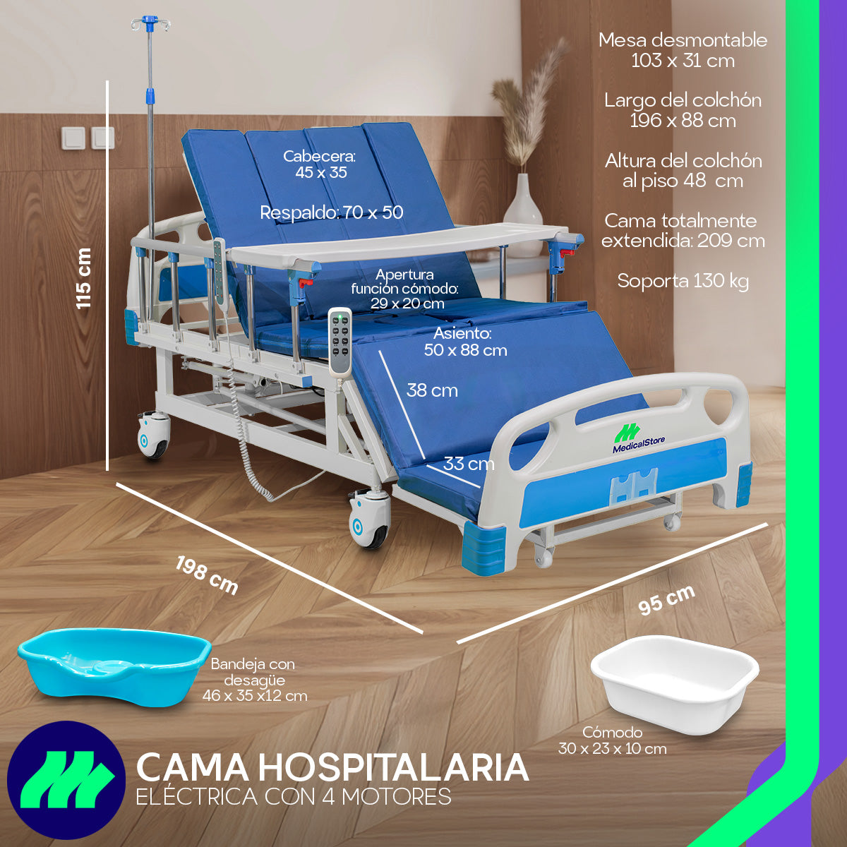 Cama hospitalaria eléctrica 6 posiciones resistente y ergonómica para cuidado de pacientes en casa.