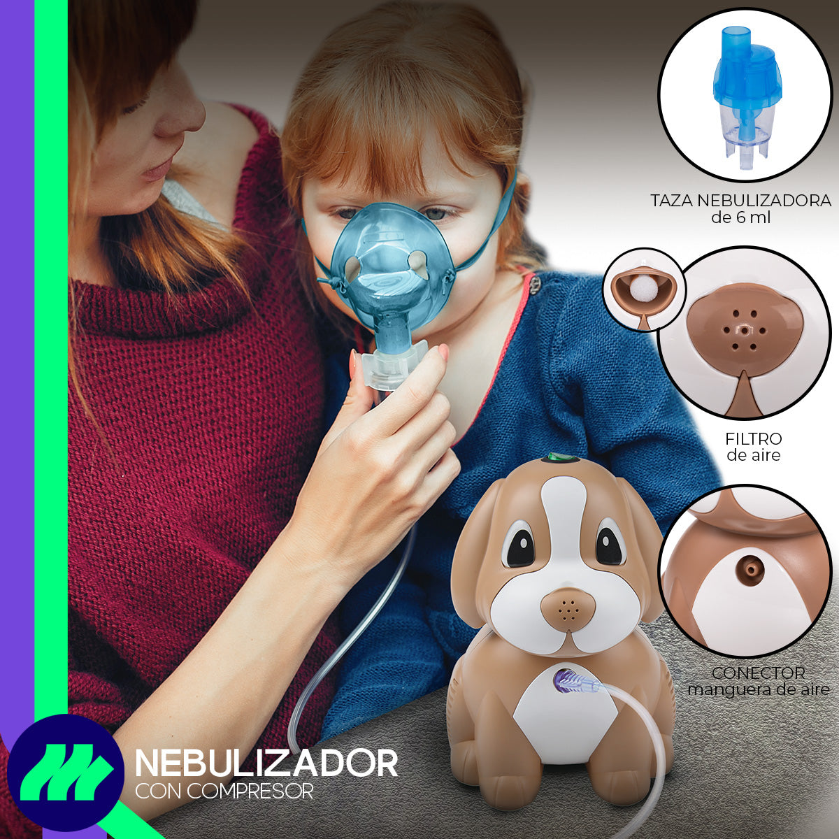 Vista lateral del nebulizador portátil Bi-Rich, mostrando su diseño compacto, ligero y transporte sencillo para uso doméstico o viajes.