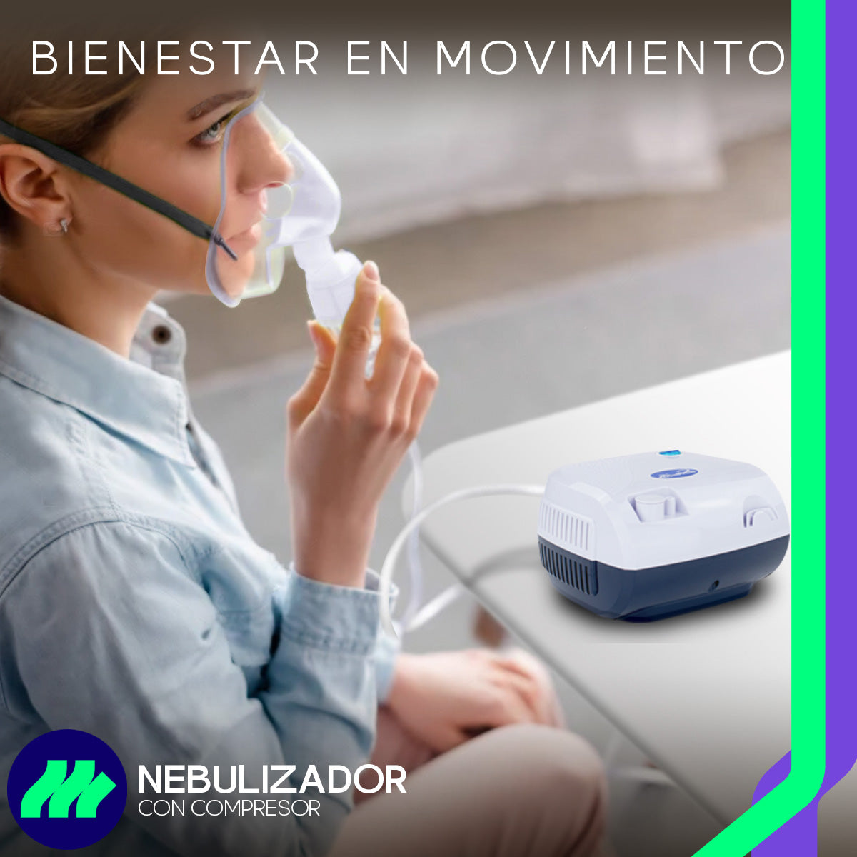 Vista lateral del Nebulizador Médico Portátil Azul para Adulto e Infantil, mostrando su funcionamiento simple con un solo botón.