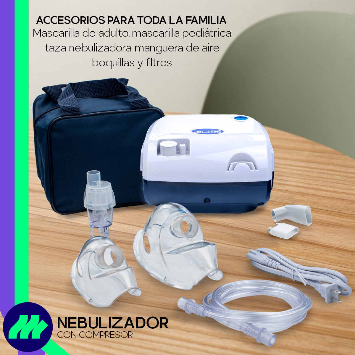 Nebulizador Médico Portátil Azul para Adulto e Infantil con mascarillas incluidas para uso pediátrico y adulto, libre de látex.