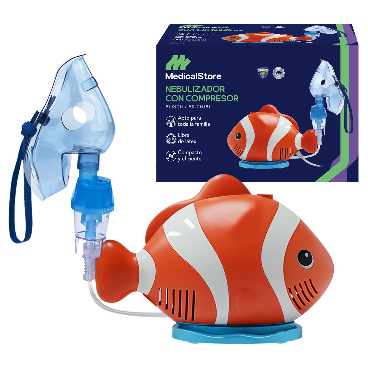 Nebulizador Médico Portátil Silencioso Adulto e Infantil Pez, mostrando vista frontal del dispositivo, ideal para uso en casa y pediátrico.