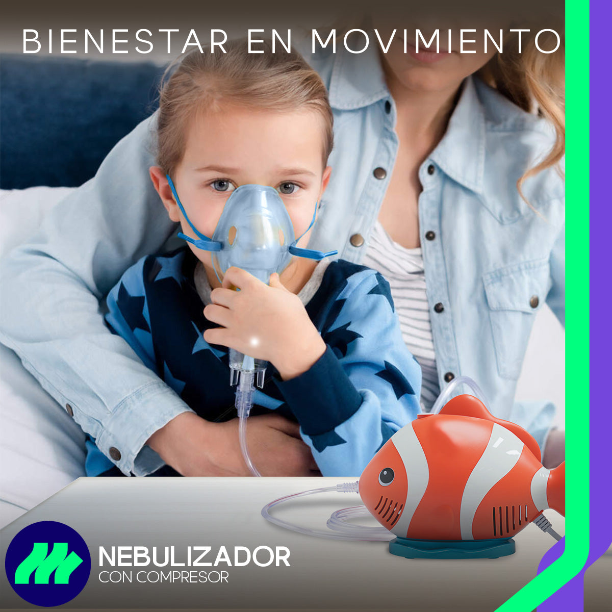 Nebulizador Médico Portátil Silencioso Adulto e Infantil Pez, vista lateral del equipo con diseño compacto y ligero.