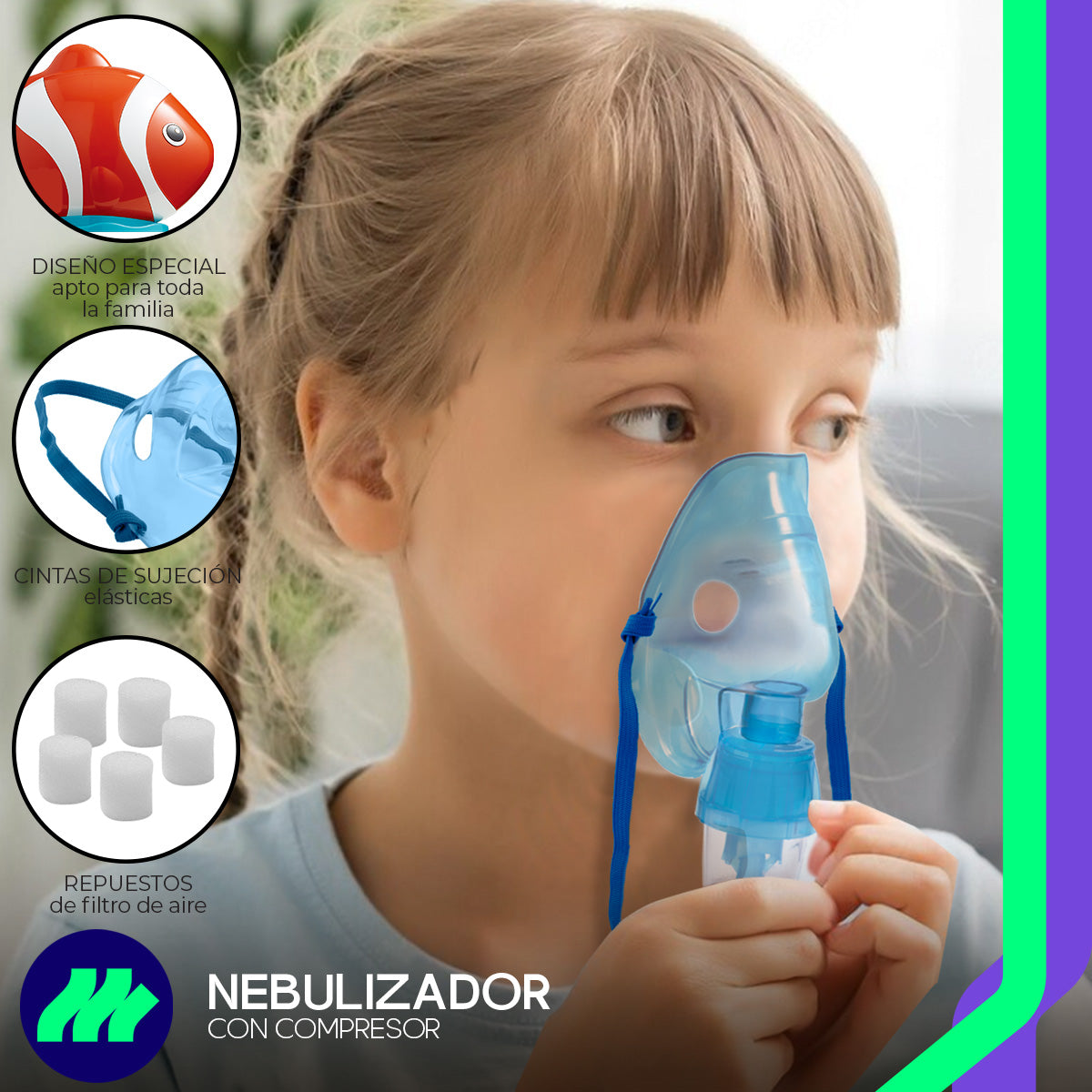 Nebulizador Médico Portátil Silencioso Adulto e Infantil Pez, detalle de boquilla y nariguera para administración de medicamento.