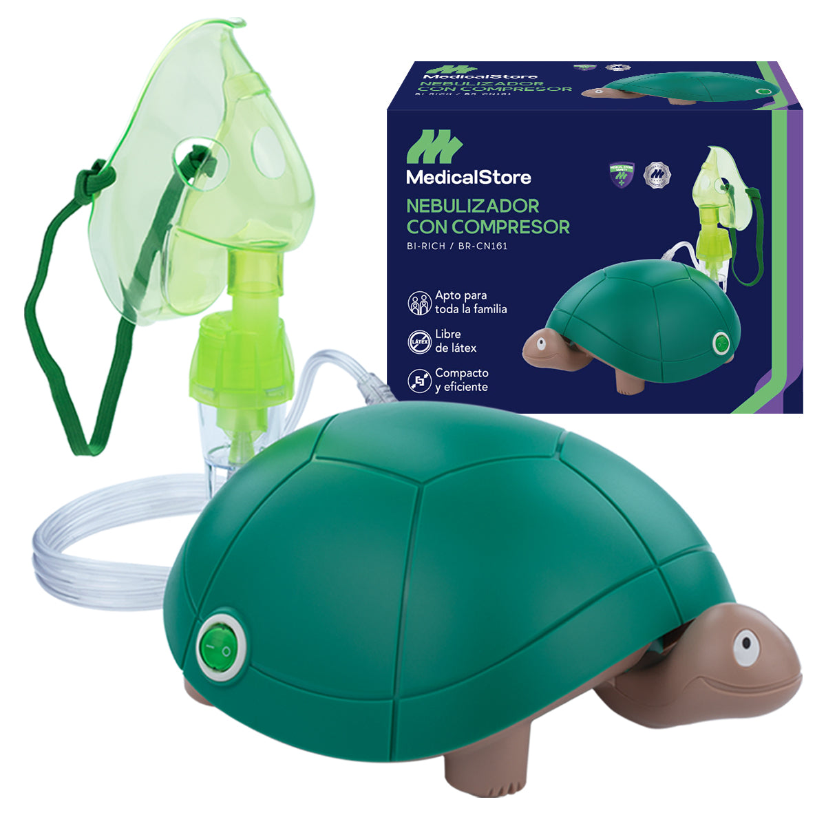 Nebulizador portátil Medical Store con diseño tortuga, ideal para terapia respiratoria en niños y adultos.