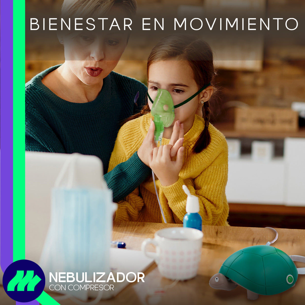 Vista lateral del nebulizador tortuga, mostrando el compacto diseño portátil y ligero.