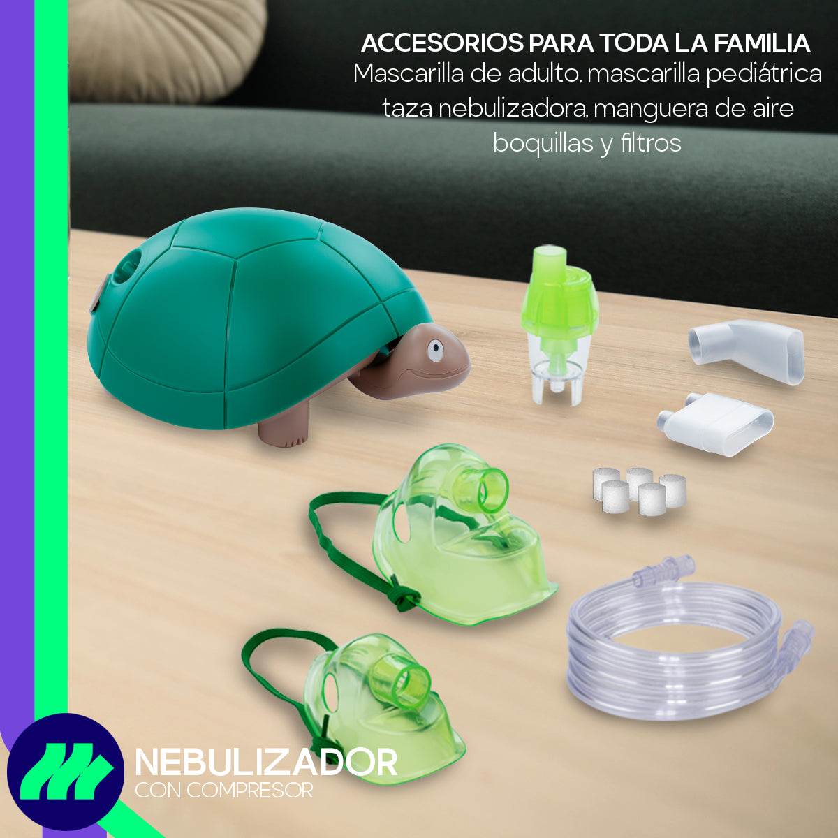 Detalle del compresor del nebulizador, silencioso y eficiente para uso doméstico.