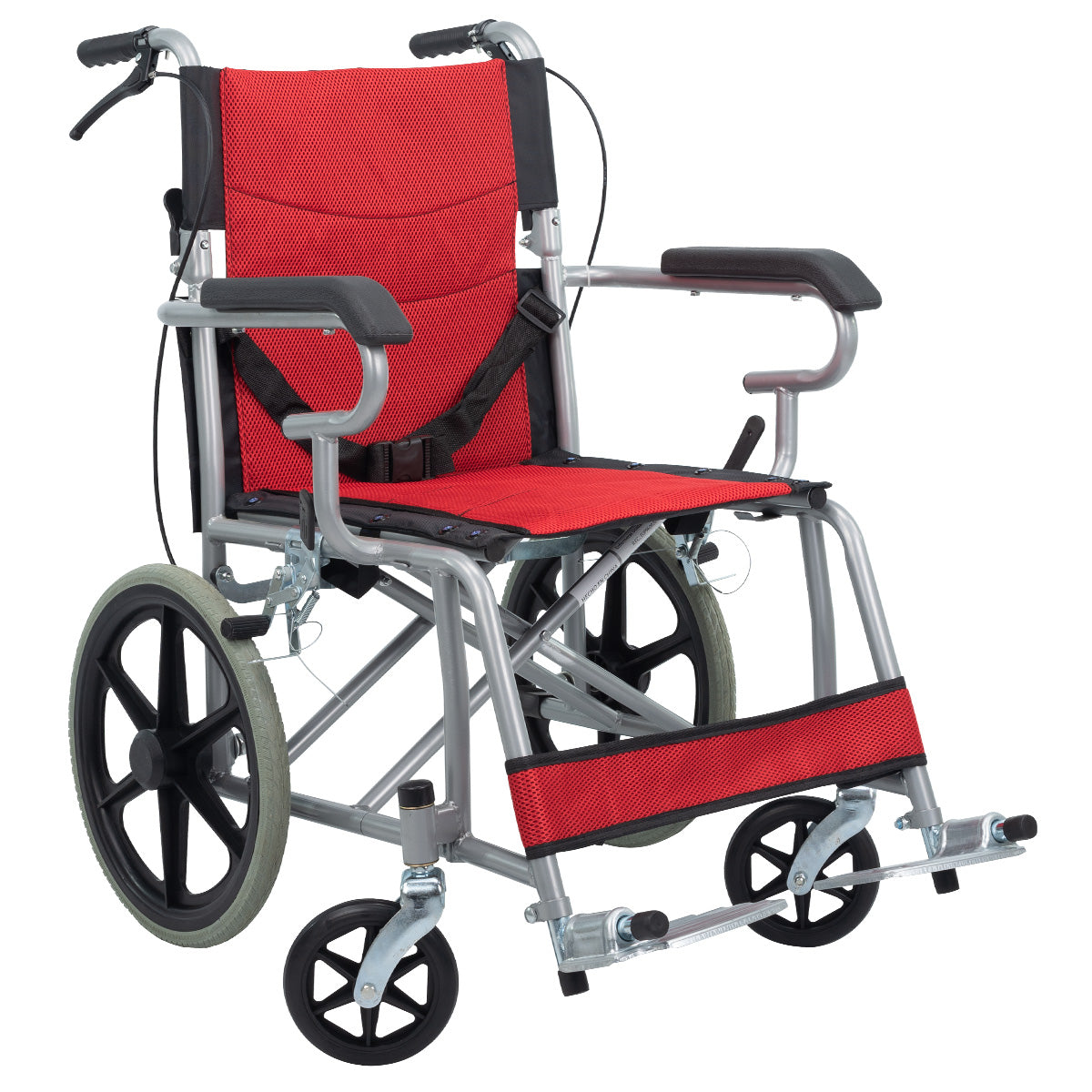 Silla de Ruedas Plegable mostrando posapiés abatibles y ajustables.