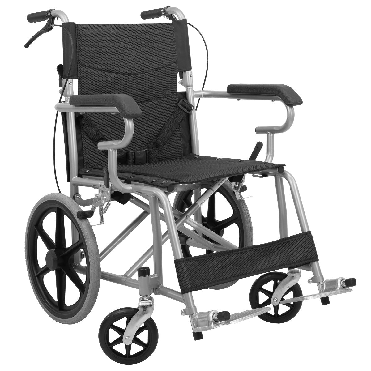 Silla de Ruedas Plegable vista frontal mostrando estructura de acero resistente.