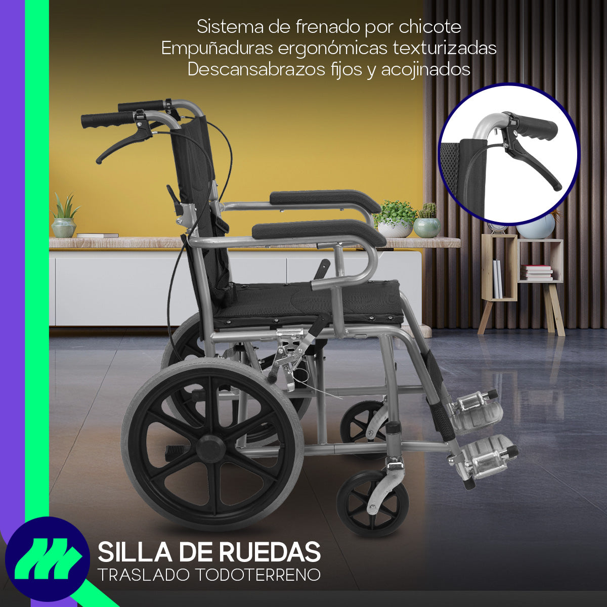 Silla de Ruedas Plegable ruedas traseras todoterreno y delanteras giratorias