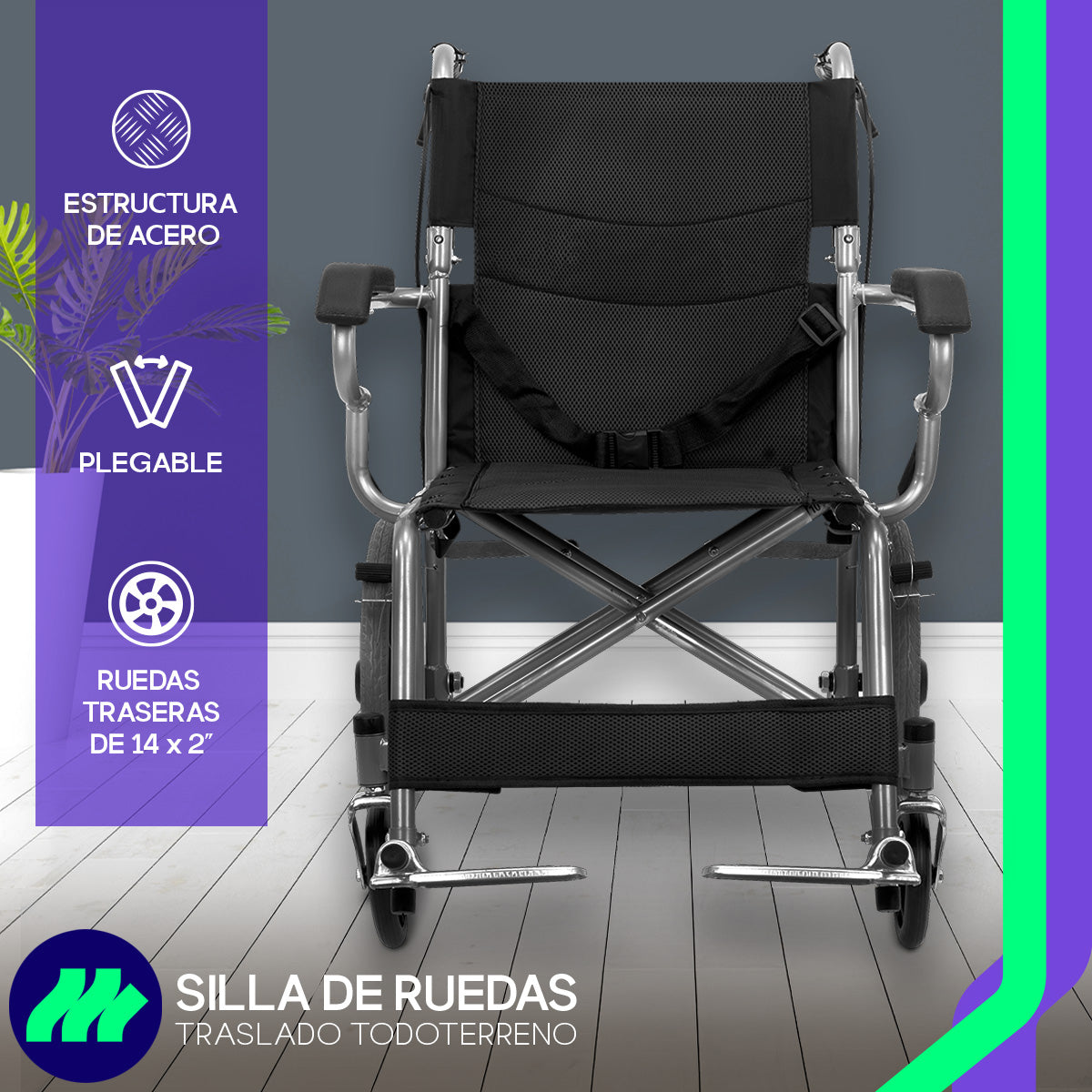 Silla de Ruedas Plegable vista lateral con doble cruceta reforzada