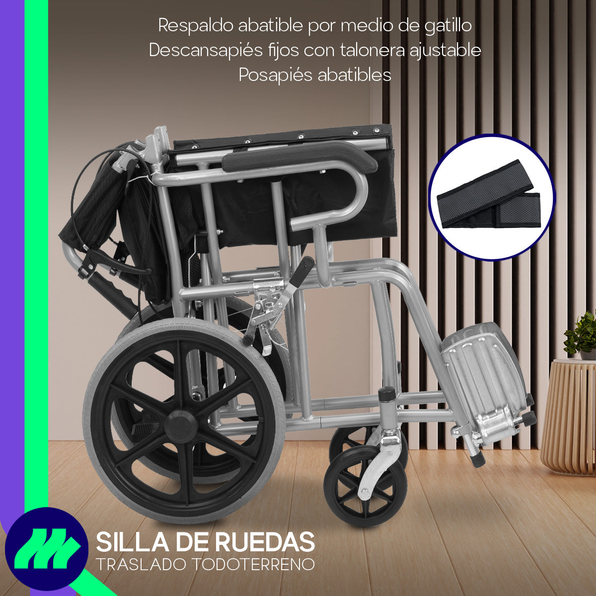 Silla de Ruedas Plegable mostrando bolso porta objetos trasero
