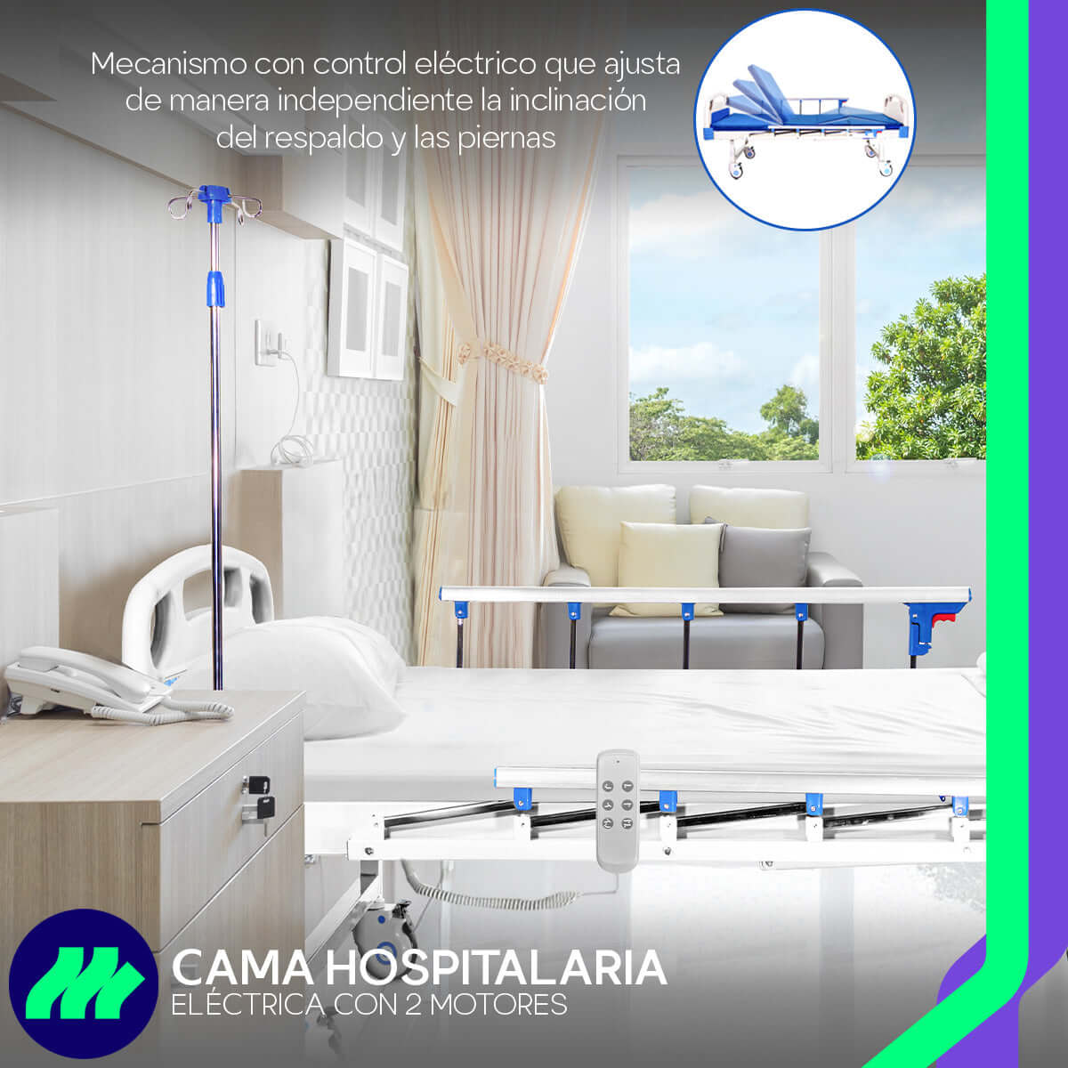 Cama hospitalaria eléctrica 2 motores con ruedas giratorias y frenos de seguridad integrados.