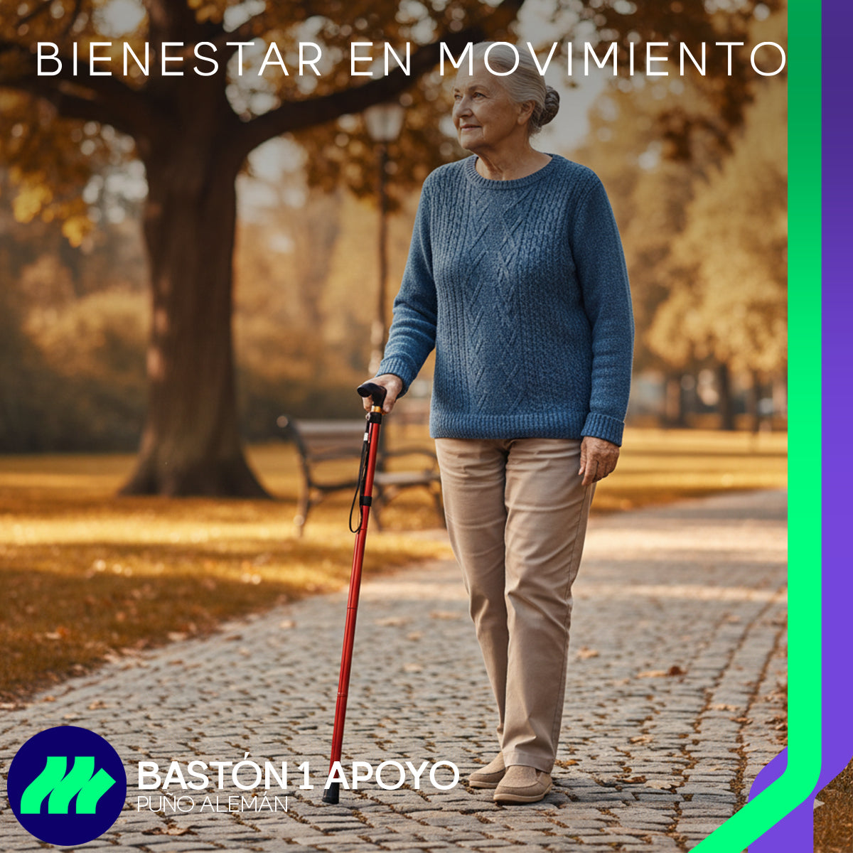 Sistema plegable práctico que permite guardar el bastón fácilmente cuando no está en uso o durante traslados.