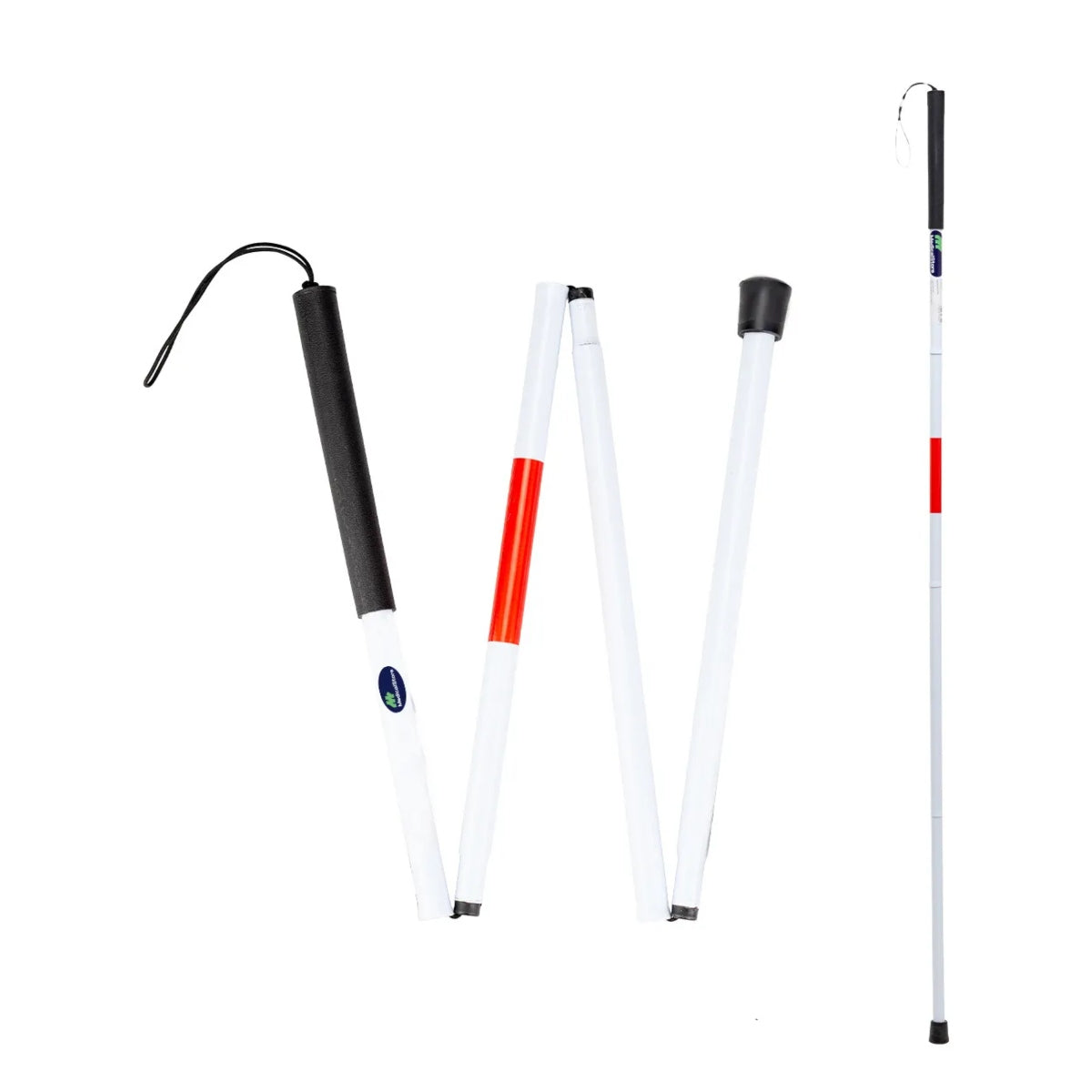 Bastón para invidente Medical Store plegable de 4 secciones, diseño blanco con rojo reflectante para mayor visibilidad y seguridad.