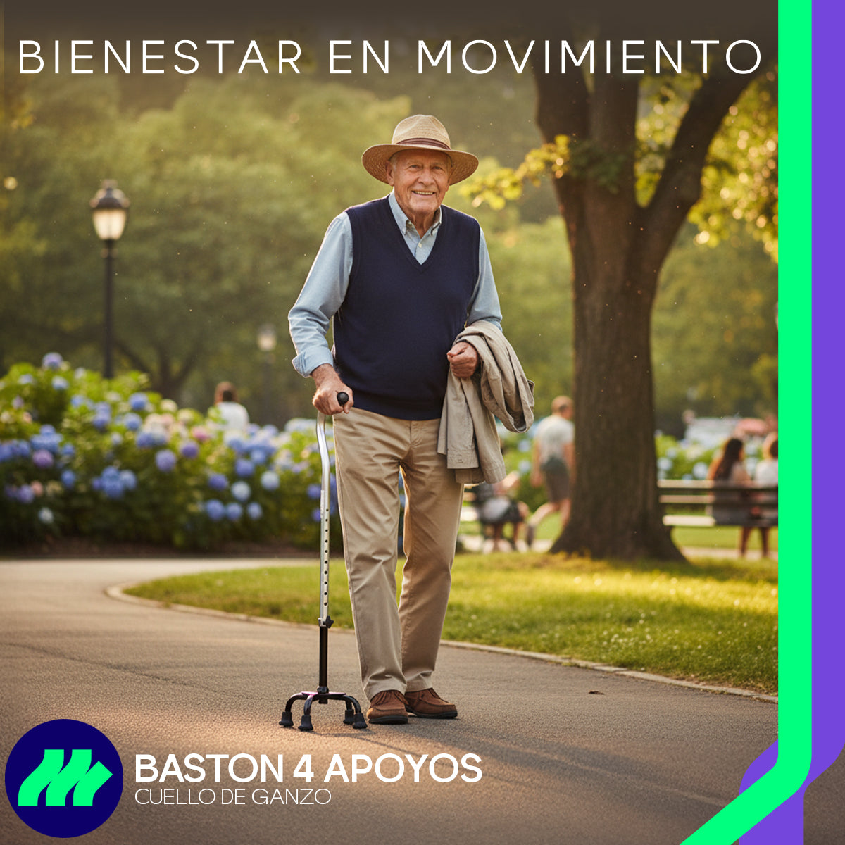 Bastón 4 Apoyos Ajustable De Aluminio Antiderrapante Ligero Estable Reforzado Ergonómico Seguro Cómodo Portátil Adultos Mayores