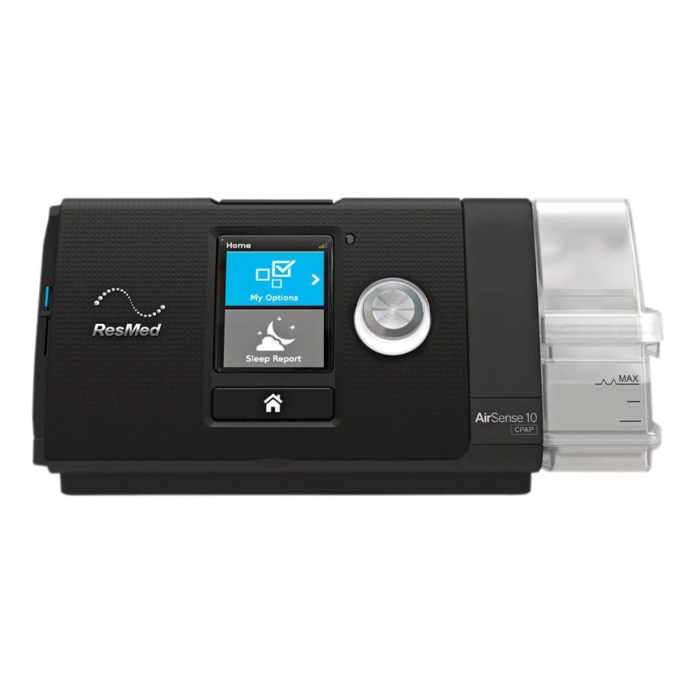 CPAP para apnea del sueño ResMed AirSense 10 con diseño compacto y pantalla LCD.