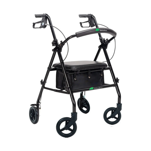 Andadera ortopédica rollator para adulto con estructura de acero y ruedas todoterreno.